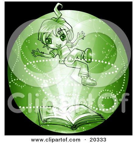 Clipart Picture of a Cute Green Manga Boy Reading A Library Book, Floating Upwards In Magic Dust As His Imagination Runs Wild by Tonis Pan