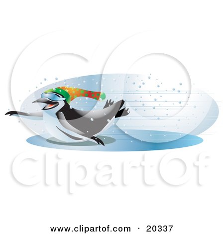 Clipart Illustration of a Cool And Energetic Black And White Penguin Wearing Shades And A Hat, Sliding Across An Iced Over Body Of Water With Speed On A Snowy Winter Day by Tonis Pan