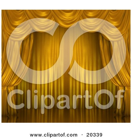 Clipart Illustration of a Golden Yellow Silk Theatre Curtans Around A Clean And Deserted Stage, Ready For An Opera Or Broadway Performance by Tonis Pan