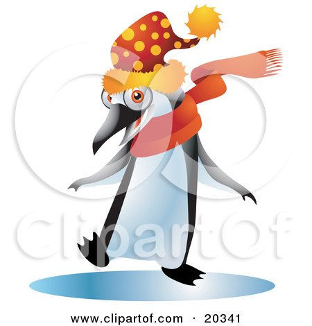 Clipart Illustration of a Happy Black And White Penguin Bird In A Spotted Wintry Hat And An Orange Scarf, Dancing On A Frozen Body Of Water by Tonis Pan