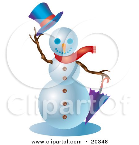 Clipart Illustration of a Friendly Snowman Wearing A Red Scarf, Holding An Umbrella And Lifting His Hat While Greeting by Tonis Pan