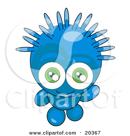 Clipart Illustration of a Friendly Blue Alien With Spiky Green Hair And Big Green Eyes, Looking Upwards And Waving by Tonis Pan