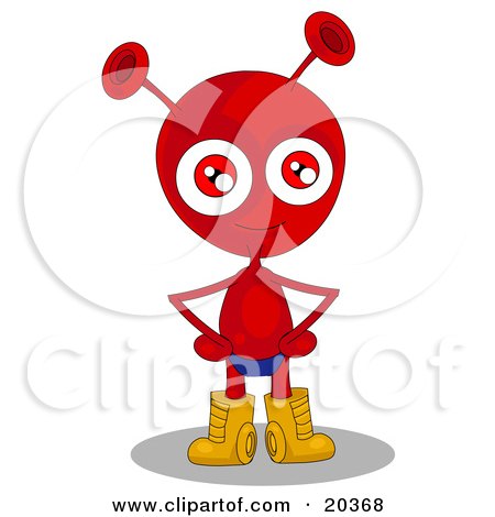 Clipart Illustration of a Proud Red Alien With Antenna Ears And Red Eyes, Wearing A Blue Speedo And Golden Boots, Standing With His Hands On His Hips by Tonis Pan