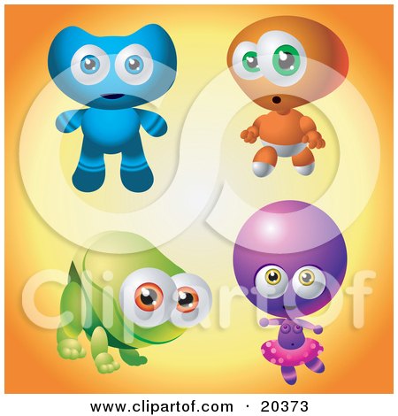 Clipart Illustration of a Collection Of Four Cute Baby Aliens, One Blue, One Orange, One Green, One Purple by Tonis Pan