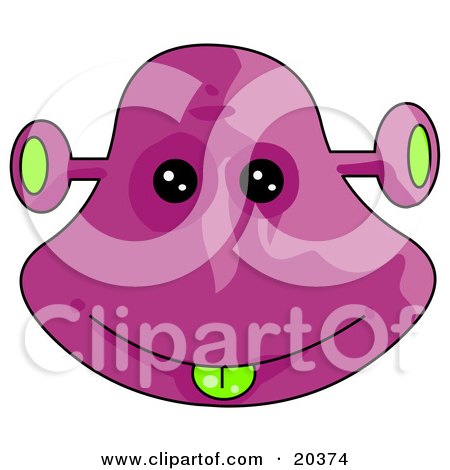 Clipart Illustration of a Goofy Purple Monster Face With Black Eyes, A Green Tongue And Antenna Ears by Tonis Pan
