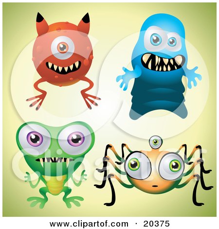 Clipart Illustration of a Collection Of Four Scary Monsters With Teeth, Over A Pale Green Background by Tonis Pan