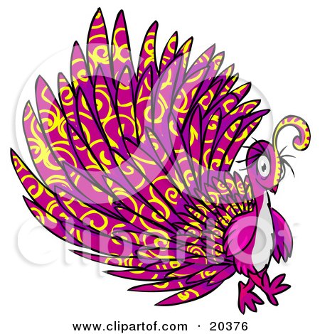 Clipart Illustration of a Psychadelic Purple Peacock With Yellow Swirl Patterns by Tonis Pan