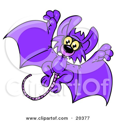 Clipart Illustration of an Adorable Purple Flying Bat With A Long Rat's Tail, Looking At The Viewer While Flying Past by Tonis Pan