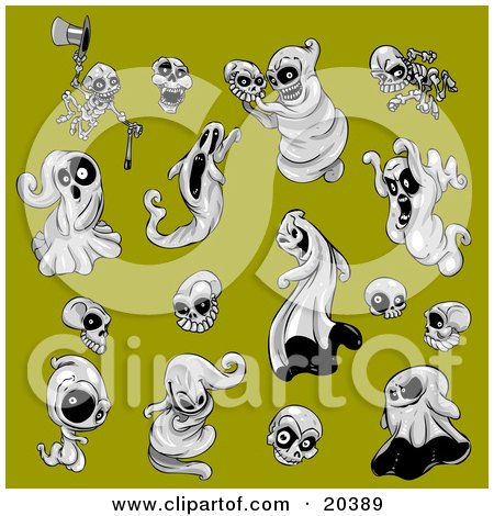Clipart Illustration of a Collection of Scary And Evil Halloween Ghosts, Skeletons And Skulls On A Green Background by Tonis Pan
