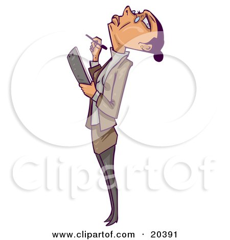 Clipart Illustration of an Annoyed Businesswoman Leaning Her Head Back And Rolling Her Eyes At The Ceiling While Inspecting An Office And Reviewing Employees by Tonis Pan