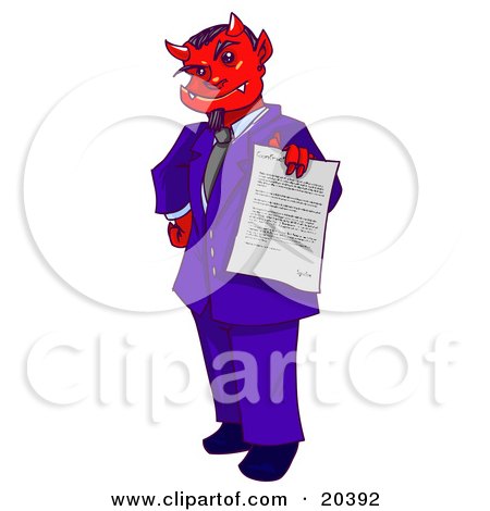 Clipart Illustration of a Devil Boss Man In A Purple Suit, Holding Out A Contract For An Employee To Sign Away Their Soul by Tonis Pan