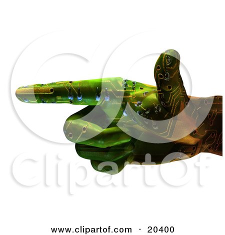 Clipart Illustration Of A Green Robotic Hand With A Circuit Patterh, Pointing To The Left, Over A White Background by Tonis Pan
