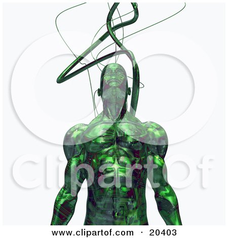 Clipart Illustration Of A Strong Male Robot With Cables Connected To His Head, Standing Against A White Background by Tonis Pan