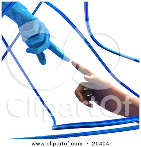 Clipart Illustration Of A Blue Robotic Hand Reaching To Touch Fingers With A Human Hand, Surrounded By Blue Curving Tubes by Tonis Pan