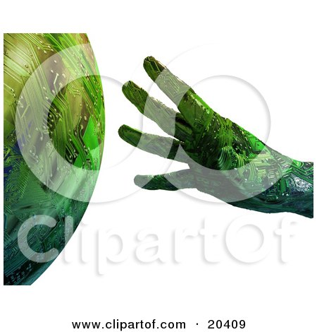 Clipart Illustration Of A Green Hand With Circuits, Reaching To Touch A Planet, Symbolizing Ecology And Creation by Tonis Pan