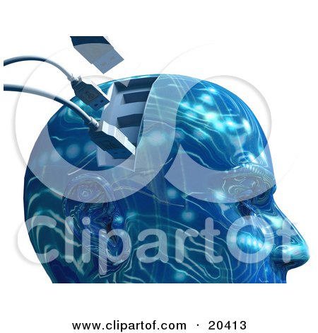 Clipart Illustration Of A Blue Robotic Head With Rippled Circuit Patterns And Usb Cables Plugging Into The Brain, Symbolizing Artifical Intelligence And Memory by Tonis Pan