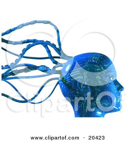 Clipart Illustration Of A Digital Blue Robot Head With Circuit Board Patterns And Cable Tentacles Over A White Background by Tonis Pan