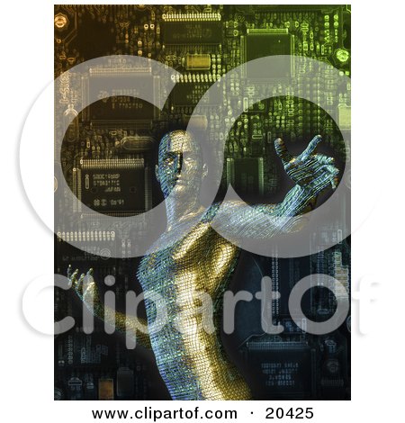 Clipart Illustration Of A Robotic Circuit Board Man In Front Of A Computer Processor by Tonis Pan