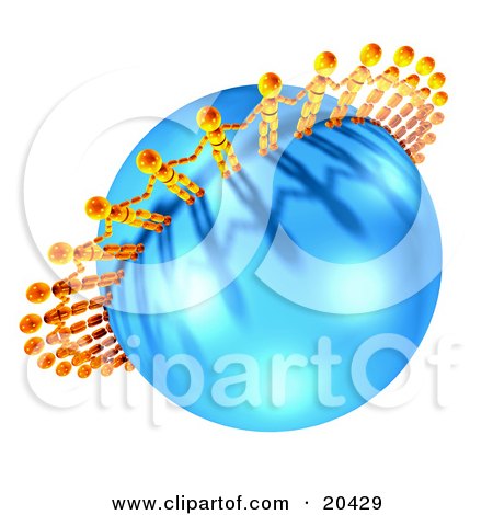 Clipart Illustration Of Orange People United And Circling Around A Blue Globe, Holding Hands, Their Shadows Casting On The Planet by Tonis Pan