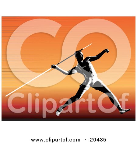 Clipart Illustration of a Strong Man Running And Preparing To Throw A Javelin Over An Orange Background by Tonis Pan