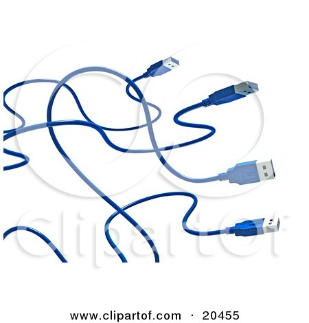 Clipart Illustration Of Four Blue USB Cables With Curving Cords, Over A White Background by Tonis Pan