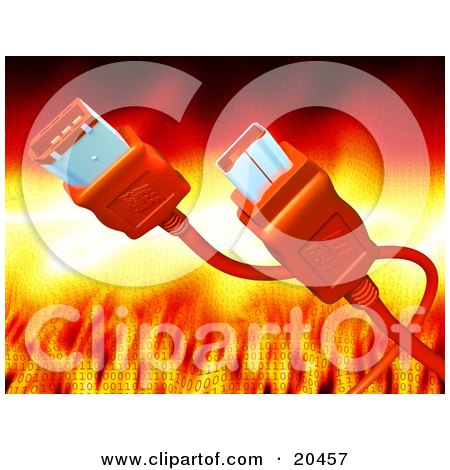 Clipart Illustration of an Orange Computer Hardware Firewire Cable Over A Feiry Background With Binary Code by Tonis Pan