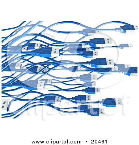 Clipart Illustration Of A Massive Swarming Group Of Blue USB Cables Heading To The Right, Over A White Background by Tonis Pan