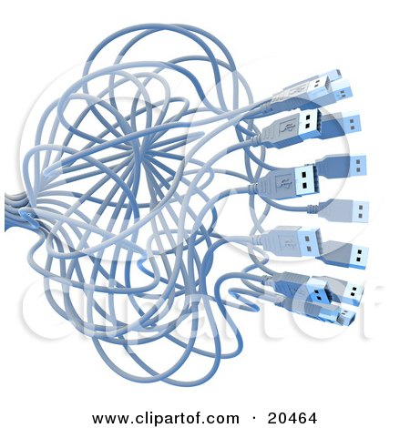 Clipart Illustration Of A Swarm Of Tangled USB Cables Over A White Background by Tonis Pan