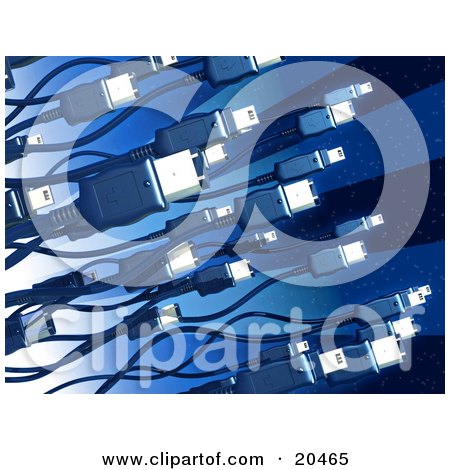 Clipart Illustration of Black Electronic, Computer Hardware Firewire Cables Over A Blue Techno Background by Tonis Pan