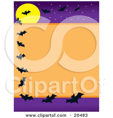 Clipart Illustration of Silhouetted Vampire Bats Flying Around A Stationery Border Background With An Orange Center And A Purple Night Starry Sky With A Full Moon by Maria Bell