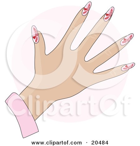 Clipart Illustration of a Woman's Hand With Pink Gel Acrylic Fingernails With Valentine's Day Heart Designs After A Manicure, Over A Pink Circle by Maria Bell