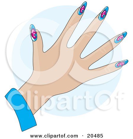 Clipart Illustration of a Woman's Hand With Gel Fingernails With Pink Butterflies Over Blue Over A Blue Circle by Maria Bell