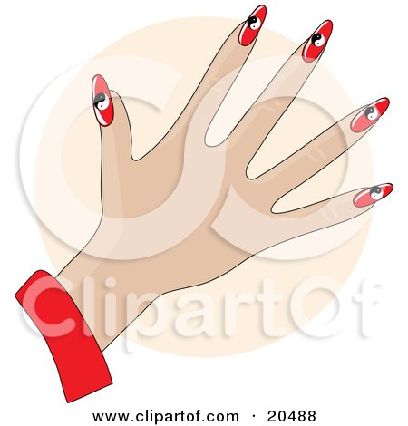 Clipart Illustration of a Woman's Hand With Red Gel Acrylic Fingernails With Black And White Yin Yang Designs After A Manicure, Over A Tan Circle by Maria Bell