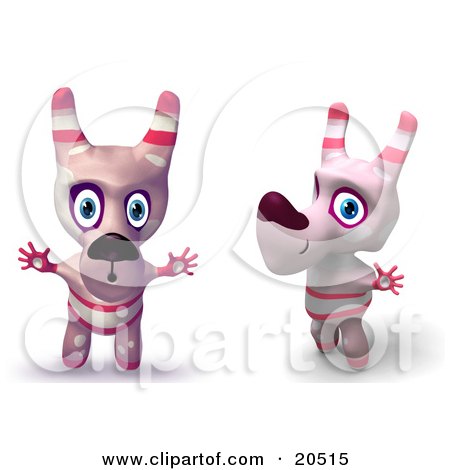 Clipart Illustration of Two Pink Toy Cartoon Dogs Holding Their Arms Out And Making Funny Faces by Tonis Pan