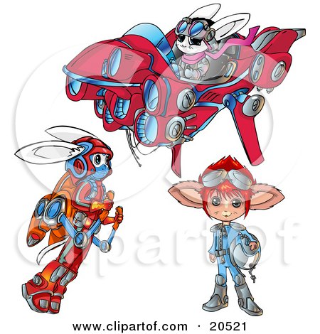 Clipart Illustration of Three Rabbit-Like Aliens, One Flying In A Suit, One Standing With A Helmet And One Flying A UFO by Tonis Pan
