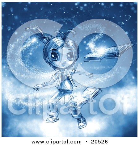 Clipart Illustration of a Surprised Girl Floating In Magic Dust Whlie Reading A Book by Tonis Pan