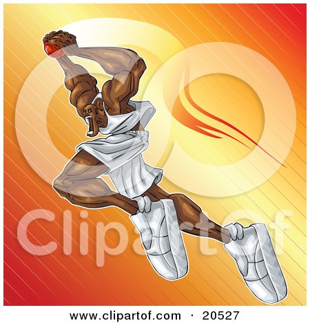Clipart Illustration of an Aggressive African American Basketball Player Flying Through The Air To Make A Slam Dunk by Tonis Pan
