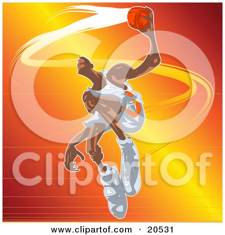 Clipart Illustration of a Jumping Basketball Player Holding The Ball Out To The Hoop by Tonis Pan
