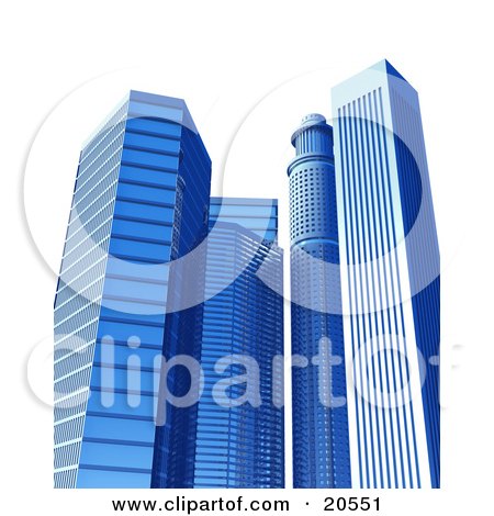 Clipart Illustration of Tall Blue Glass Mirror Skyscraper Buildings Over A White Background by Tonis Pan