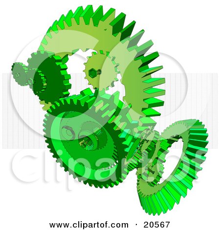 Clipart Illustration of Green Cogs And Gears Working Together Over A White Background With A Grid by Tonis Pan
