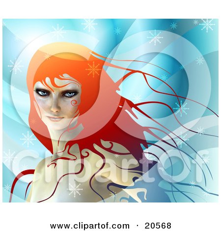 Clipart Illustration of a Gorgeous Red Haired Woman Standing In A Cool Winter Breeze, Surrounded By Snowflakes by Tonis Pan