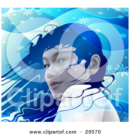Clipart Illustration of a Pretty Blue Eyed Woman With Blue Hair, Standing In A Cool Winter Breeze, Surrounded By Snowflakes by Tonis Pan