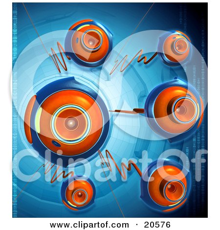 Clipart Illustration of Orange And Blue Security Webcams With Orange Cables Over A Blue Background by Tonis Pan