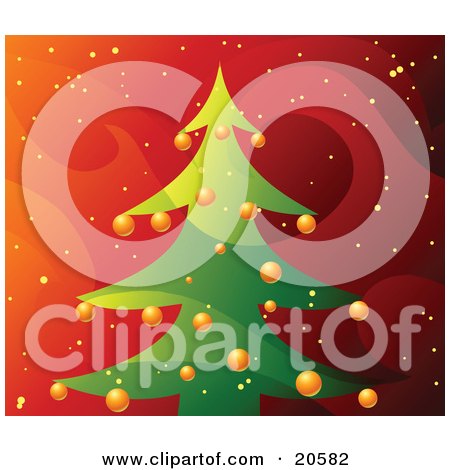 Clipart Illustration of a Golden Snow Falling Around A Christmas Tree Decorated With Yellow Bauble Ornaments Over A Red Swirly Background by Tonis Pan