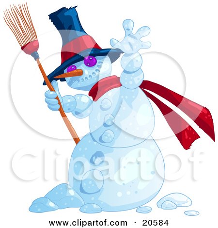 Clipart Illustration of a Jolly Wintry Snowman Wearing A Hat And Red Scarf And Holding A Broom by Tonis Pan