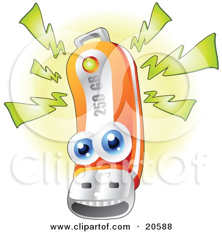 Clipart Illustration of a Blue Eyed Orange Data Portable Flash Drive With 250 Gb Of Storage Space by Tonis Pan