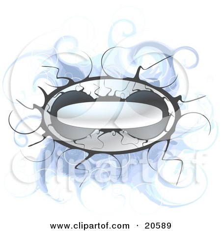 Clipart Illustration of a Silver Design Element Button With Straying Arms Over A Swirly Blue Background by Tonis Pan