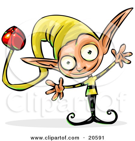 Clipart Illustration of a Friendly Little Elf In A Yellow Suit And Hat With A Bell On It, Holding His Arms Out by Tonis Pan