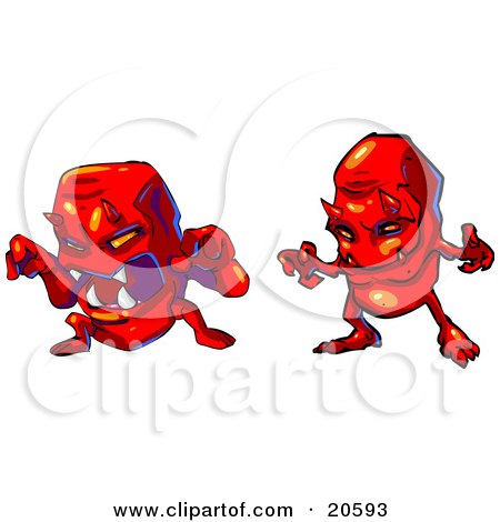 Clipart Illustration of Two Evil Red Monster Devils Baring Fangs And Holding Their Arms Out by Tonis Pan