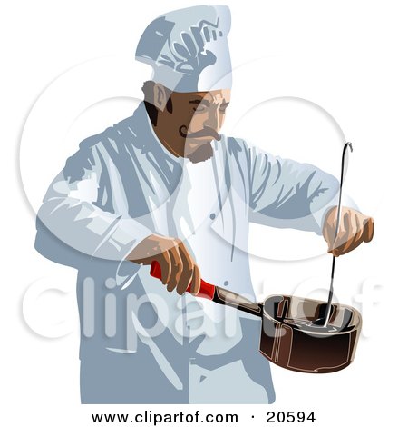 Clipart Illustration of a Male Chef With A Curly Mustache, Wearing A White Uniform And Hat, Stirring Food In A Pot While Cooking In A Restaurant Kitchen by Tonis Pan